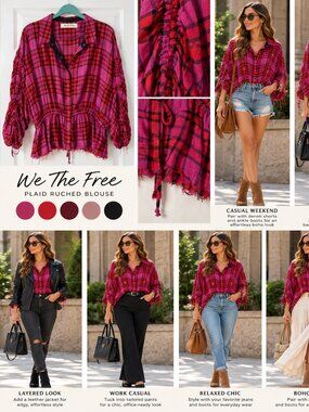 Free People We The Free Pink Red Plaid Ruched Sleeve Blouse Size XL